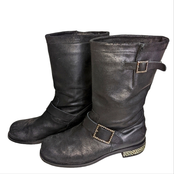 JIMMY CHOO Crystal-Detailed Suede Biker Boots in Black Size 40/US 9